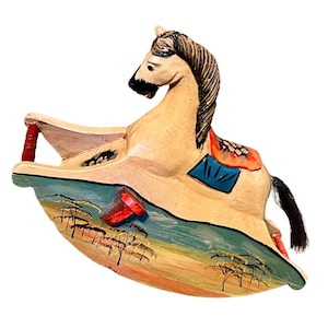 Vintage Hand-Painted Wooden Rocking Horse Toy: Primitive Decor