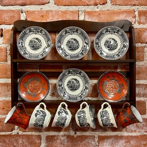 Vintage 6 Tea Cup and Saucer Display Shelf, Shelf For Kitchen, Tea Cup Display, Wood Wall Shelf, Vintage Plate Display, Shelving For Walls. image 1