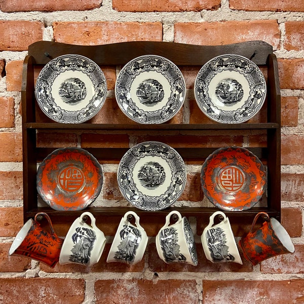 Vintage 6 Tea Cup and Saucer Display Shelf, Shelf For Kitchen, Tea Cup Display, Wood Wall Shelf, Vintage Plate Display, Shelving For Walls.