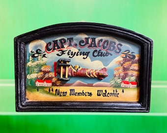 Vintage Authentic Models "Capt. Jacobs Flying Club" Wooden Advertising Sign, Handcrafted Wooden Airplane Sign, Hand Painted Wood Wall Decor.