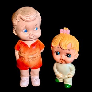 Pair of Vintage Squeaky Toys, Edward Mobley 1962 Squeaky Boy Doll, Vintage Ninohira Japan Baby Girl Squeaky Toy, Rubber Squeak Toy Figurines