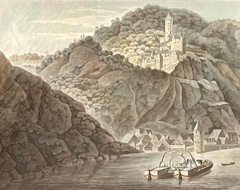 Robert Dodd (English. 1748-1815) Hand Colored Aquatint: View of Katz Castle from the Rhine 1789 by John Gardnor, 27” x 23” Glass Framed