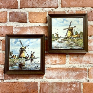 Vintage Delft Pottery Tiles: Polychrome Windmill Scene, Wood Framed Pair