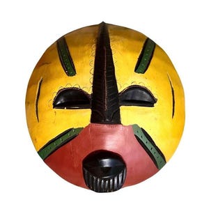 Vintage Ashanti Moon Mask: Handcrafted African Wood Mask Decor with Stand