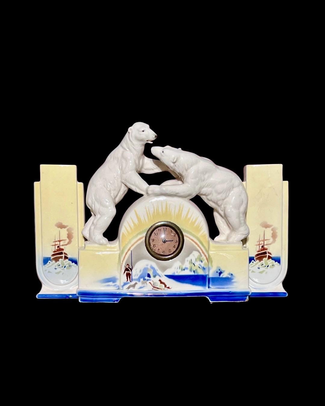 Art Deco Polar Bear Mantel Clock Set: BIHL Czechoslovakia