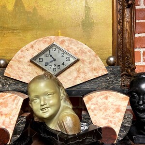 Art Deco Marble Mantel Clock Set, Vintage French Marble Art Deco Mantel Clock with Garnitures, Vintage Art Deco Garniture and Clock Set. image 10