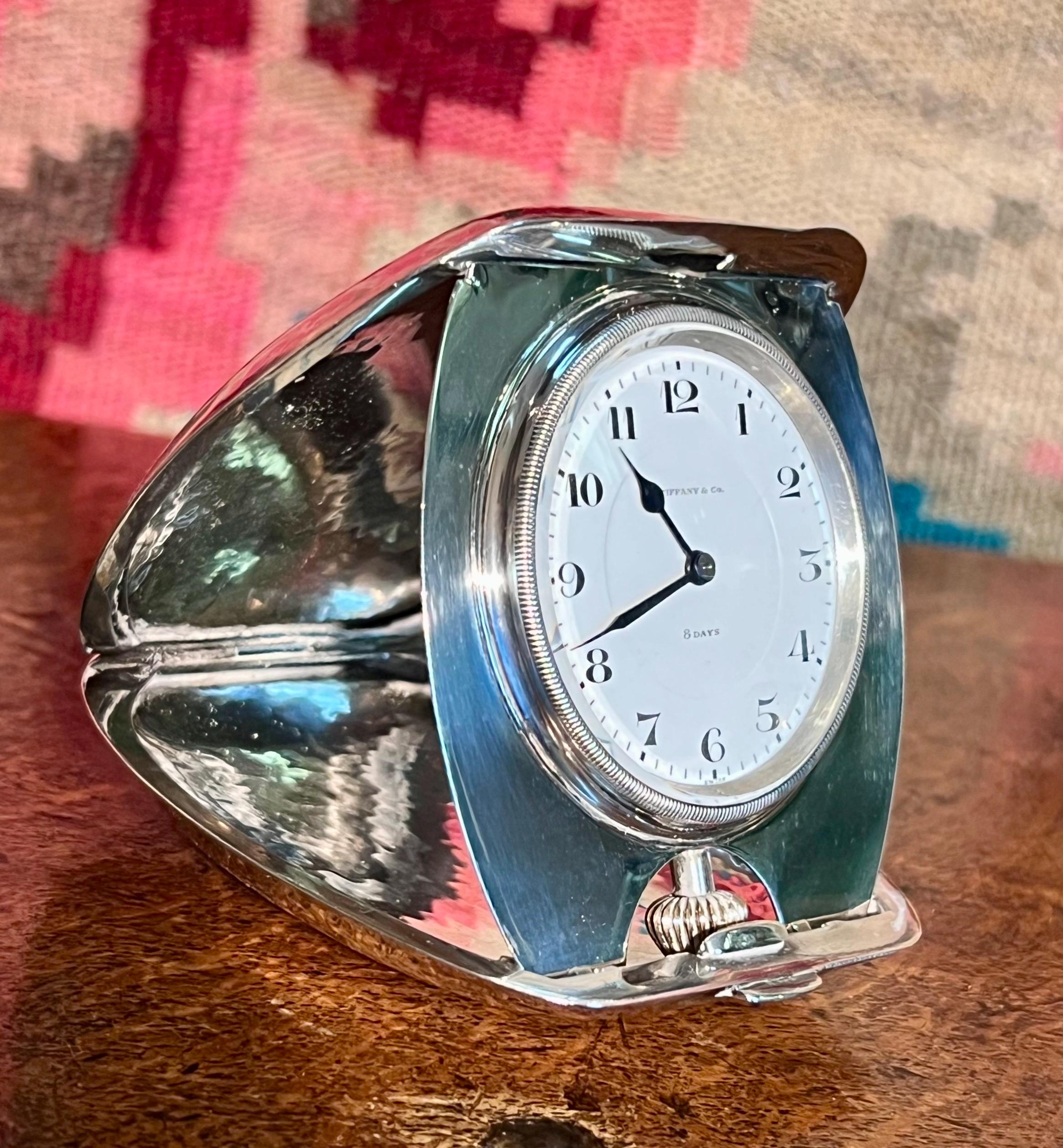 Tiffany & Co. 8-day Travel Clock, Sterling Silver Clamshell Travel