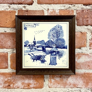 Vintage Delft Blue Tile: Handmade Dutch Winter Scene, Wood Frame