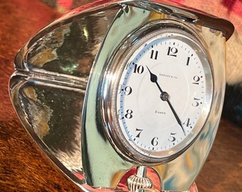 Tiffany & Co. 8-Day Travel Clock, Sterling Silver Clamshell Travel Pocket Watch, Octava Watch Co. Swiss Made Clock, Silver Tiffany Clock.