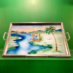 Art Deco Reverse Painted Glass Tray: Palm Tree Decor