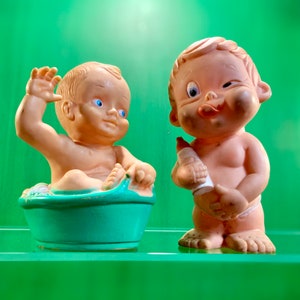 Set of 2 Vintage Squeaky Baby Toy Dolls, Baby Squeak Toy by Laflex 1961 Made in France, Brev. Made in Italy Baby in Bathtub Squeaky Toy.