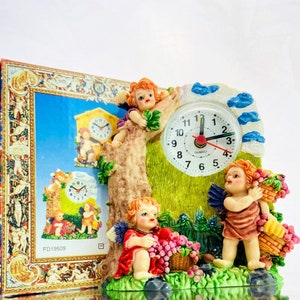 Vintage Cherub Quartz Alarm Clock: Baby Angels with Fruit Basket