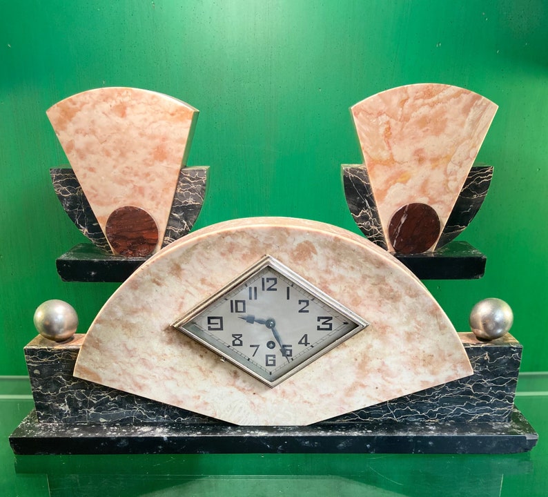 Art Deco Marble Mantel Clock Set, Vintage French Marble Art Deco Mantel Clock with Garnitures, Vintage Art Deco Garniture and Clock Set. image 1