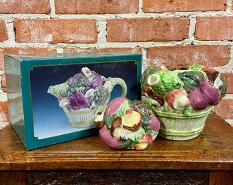 Vintage World Bazaars Ceramic Teapot: Hand-Painted Garden Vegetables, New In Box