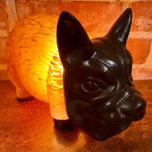 Vintage French Bulldog Lamp: Amber Art Glass Accent Light