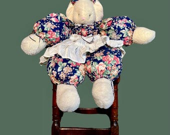 Vintage 36" Large Plush Bunny Doll Floral Dress Ruffled Eyelet Apron Cottagecore 3ft Country Shelf Sitter Easter Decor
