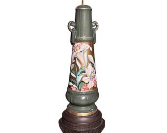 Vintage Hand Painted Art Pottery Lamp Signed: Mid Century Hollywood Regency Gold Gilt Floral Porcelain Lamp Base Ornate Brass Fretwork