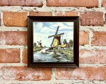 Vintage Delft Tile: Hand-Painted Polychrome Pottery in Wood Frame