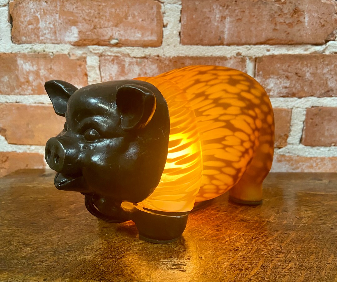 Vintage Piggy Light Piglet Light Up Glass Art Light Amber Etsy