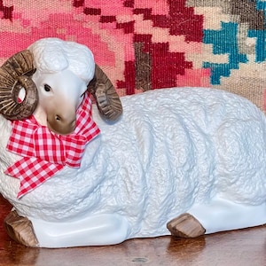 Vintage Ram Capricorn Sculpture Ceramic Art Pottery White Mountain Goat, New In Box, Large Big Horn Ram Sheep Statue, Centerpiece Sculpture.