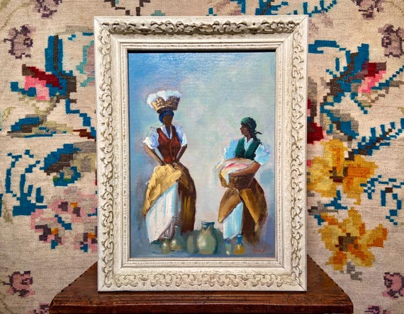 Vintage African Women Oil Painting: Signed Original Framed Art