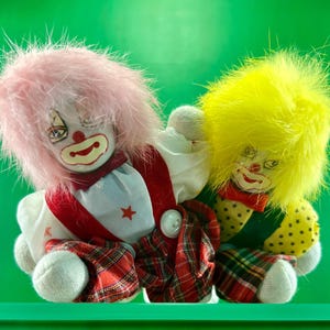 Vintage Porcelain Head Clown Dolls: Hand Painted Shaggy Hair Figurines (Set of 2)