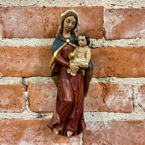 Vintage Carved Wood Madonna and Child Sculpture: Oberammergau Religious Wall Art