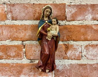 Vintage Carved Mary & Baby Jesus Wooden Sculpture, Polychrome Wood Carved Madonna and Child, Oberammergau Wood Carving Religious Wall Art.