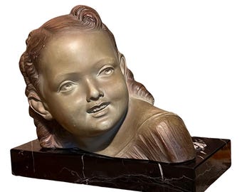 Salvatore Melani Art Deco Sculpture: Signed Plaster Girl Bust on Marble