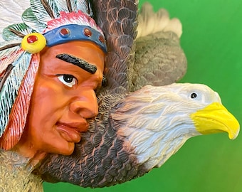 Vintage American Indian Chief & Eagle Sculpture - 9" Native Decor