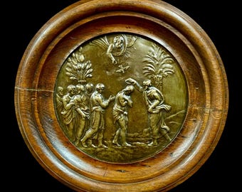 19th Century Bronze "Baptism of Jesus" Wall Medallion in Wood Frame
