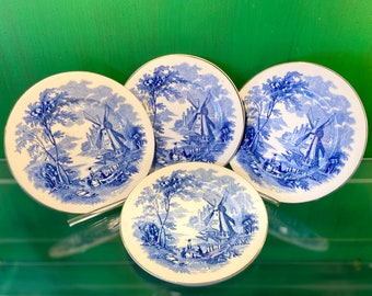 Antique Palissy Ware Set of 4 Blue Transferware Ironstone China Gold Rimmed Plates, Made in England Blue and White Windmill Palissy Ware.