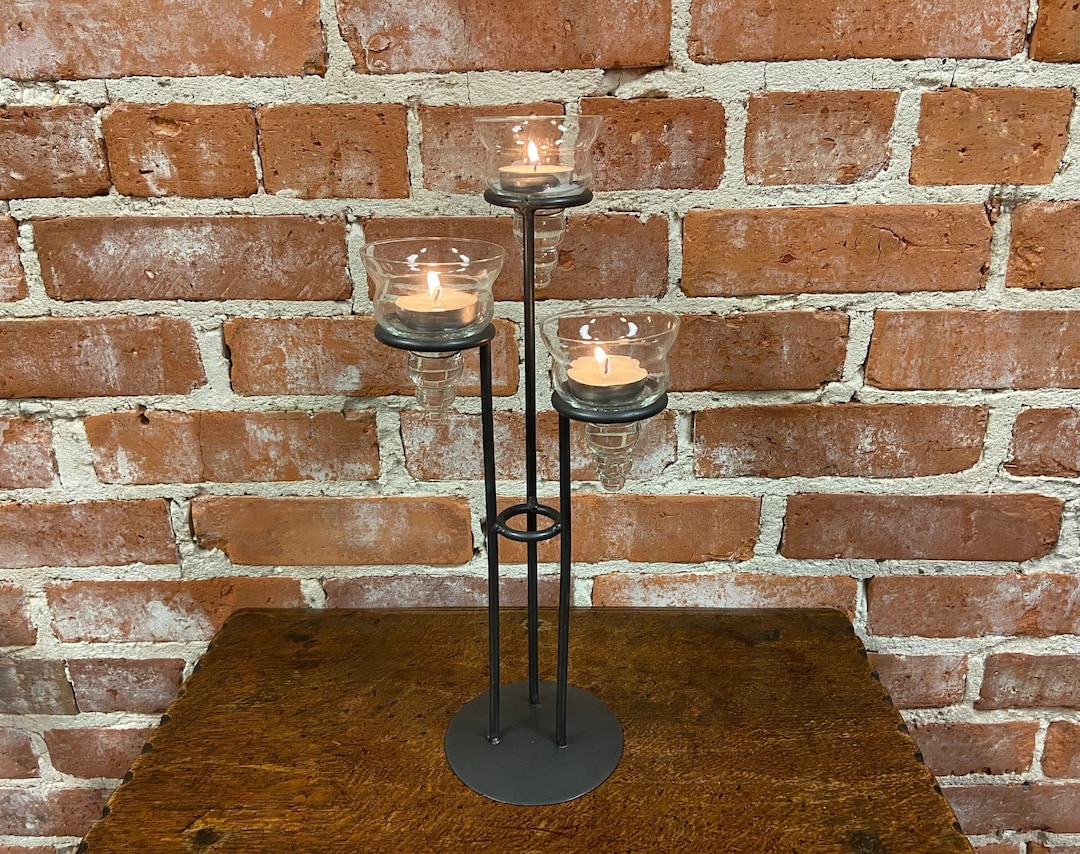 Vintage 14 Tall Tea Light Holder Glass & Iron Tea Light Etsy