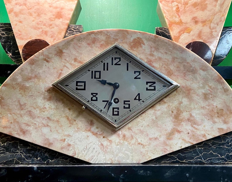 Art Deco Marble Mantel Clock Set, Vintage French Marble Art Deco Mantel Clock with Garnitures, Vintage Art Deco Garniture and Clock Set. image 2