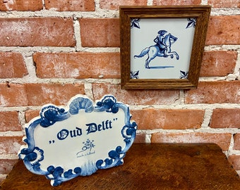 Vintage Delft Blue Tile: Hand-Painted Dutch Ceramic in Wood Frame