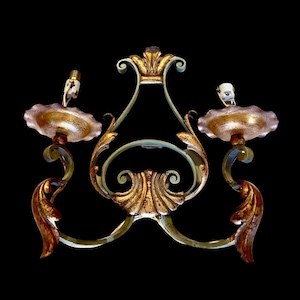 Vintage Wrought Iron Wall Sconce: Green & Gold 2-Light Candle Lamp