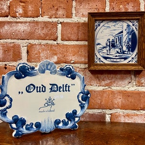 Vintage Delft Blue Tile: Hand-Painted Dutch Ceramic in Wood Frame