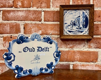 Vintage Delft Blue Tile: Hand-Painted Dutch Ceramic in Wood Frame