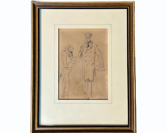 Antique Pencil Drawing Two Sketches (Verso) Original Signed Art, Master & Servant Pencil Sketch, Wood Framed Matted Behind Glass, Pencil Art