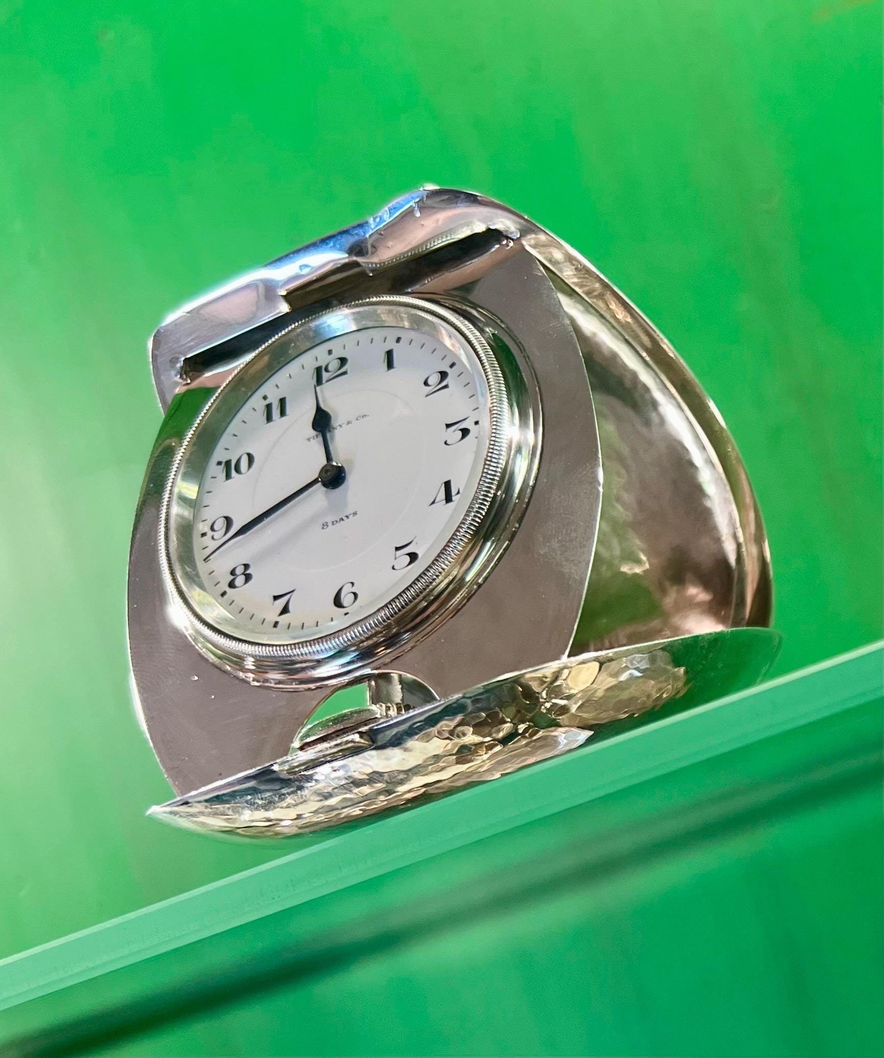 Tiffany & Co. 8-day Travel Clock, Sterling Silver Clamshell Travel