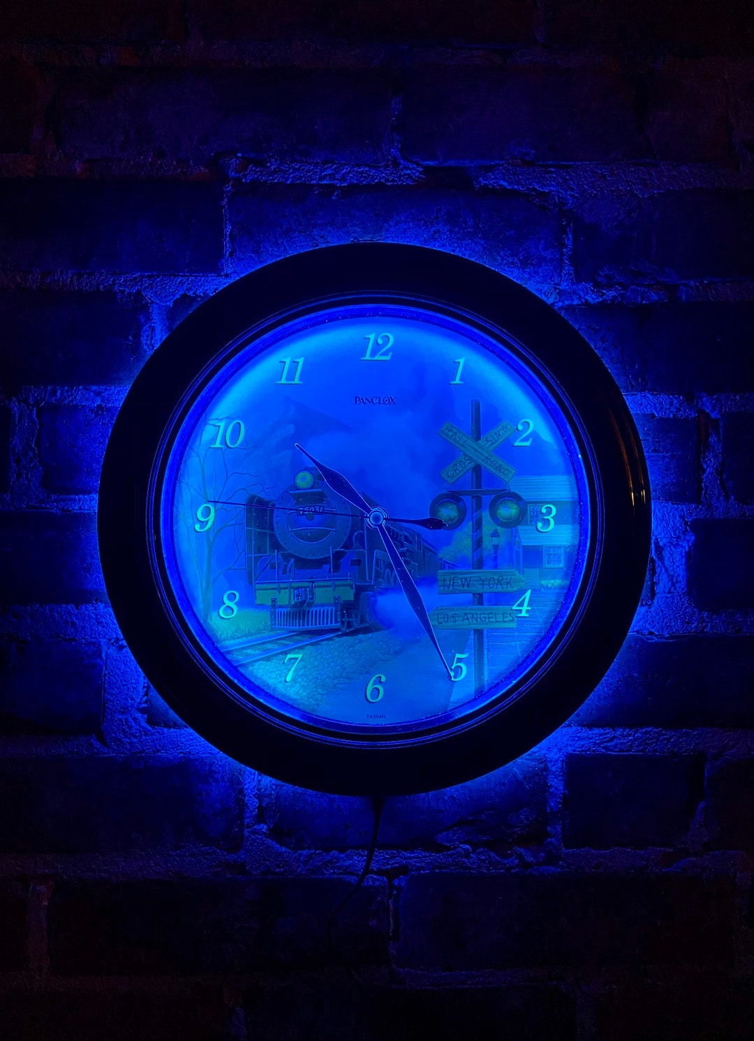 Vintage Blue Cool Wall Clock, Train Clock, Neon Clock, Wall Clock Light