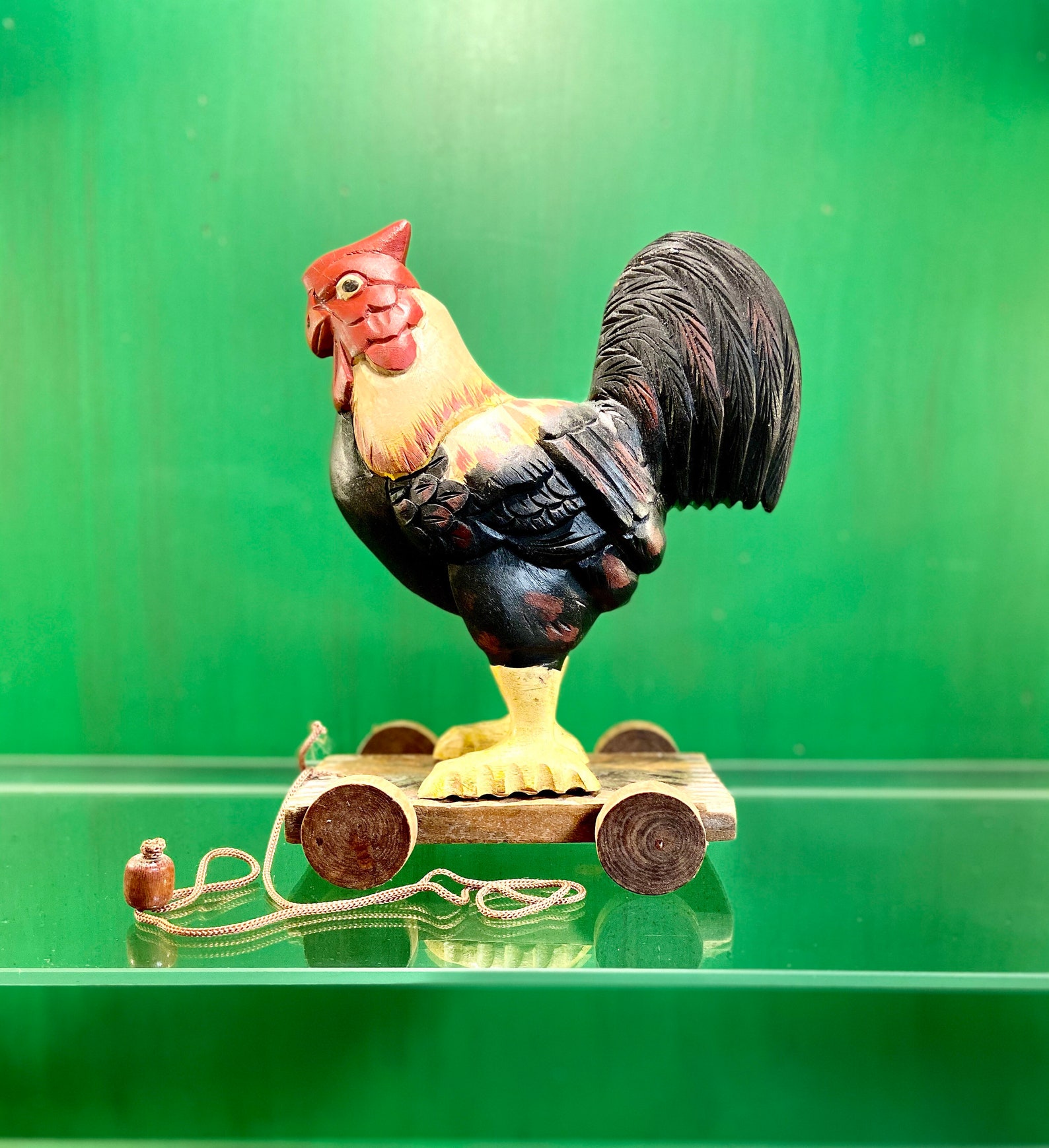 Vintage Wooden Rooster Pull Toy Primitive Folk Art Carved Etsy