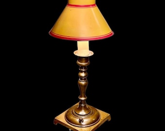 Antique Brass Candlestick Table Lamp: Horn & Brannen Tole Shade Lamp, USA Made