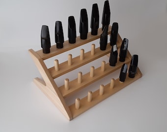 Sax Saxophone Wooden Stand Holder for 24 Bari, Tenor, Alto, Soprano Sax Saxophone mouthpieces. Solid Pine.  USA.