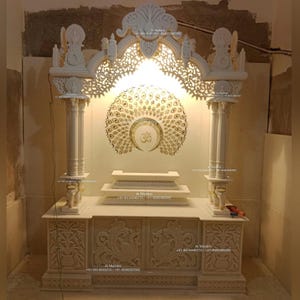 Big Carved luxury marble temple LED , white marble temple, religious worship home decor, Pooja room mandir for god mandap, Diwali Pooja ghar