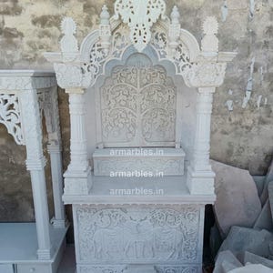 Handcrafted White Marble Mandir with Tree of Life & Cow Carving – Intricately Designed Home Temple