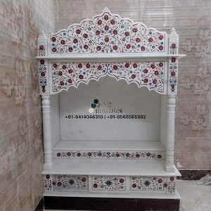 Floral Inlaid Marble Temple: Embossed Pooja Ghar Mandir