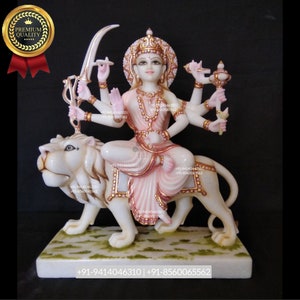 Marble Durga Maa Statue with Lion - 15” God Idol