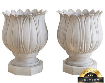 White marble planters, set of 2 white lotus shaped flower pots, lotus shaped planters, garden decor, home decor, outdoor seating area decor