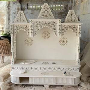Witste marmeren tempel, Diwali Pooja-mandir voor thuis, prachtig inlegwerk altaar uit India, housewarmingschrijn, nieuw huis Ghar Mandir, hindoegod